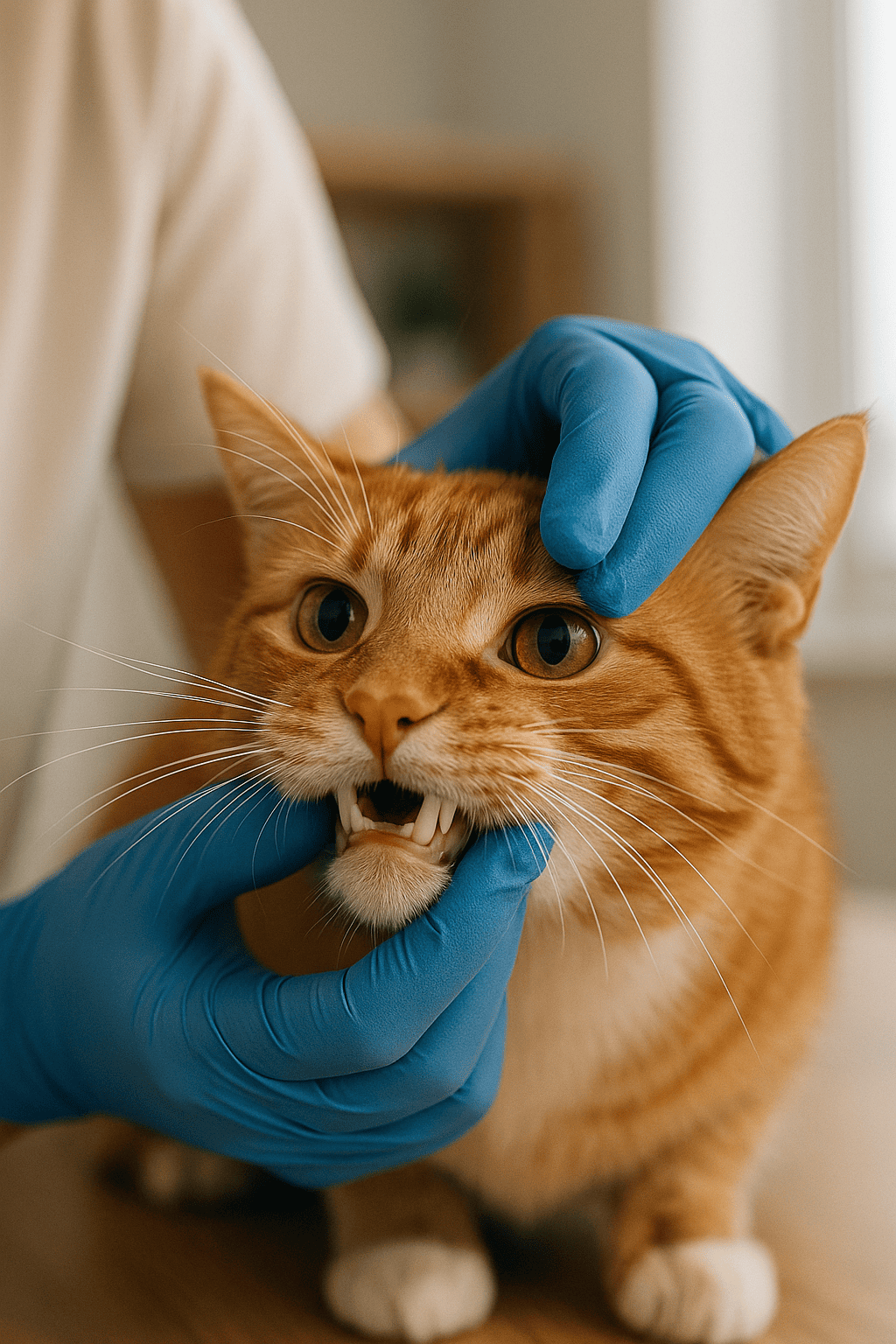 Veterinario con guantes azules revisando suavemente los dientes de un gato atigrado naranja en una clínica luminosa